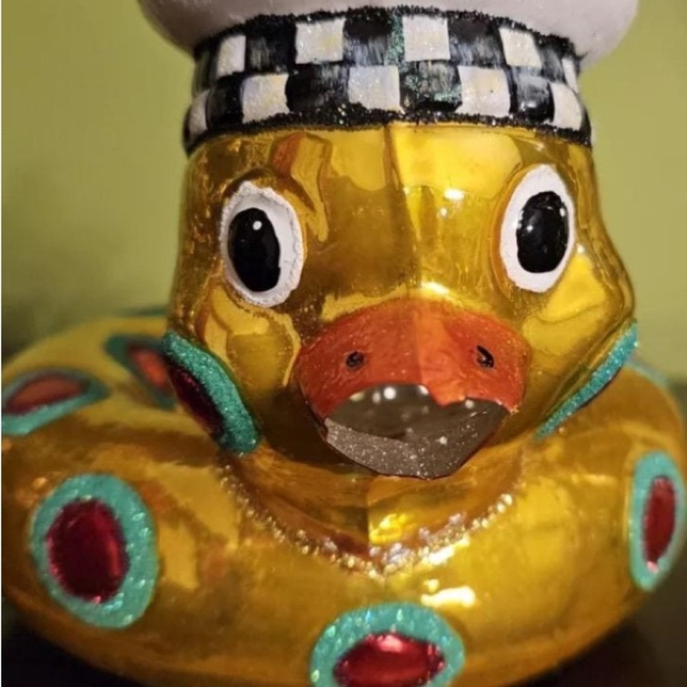 MacKenzie-Childs Gold rubber  Duck glass courtly check Ornament damage